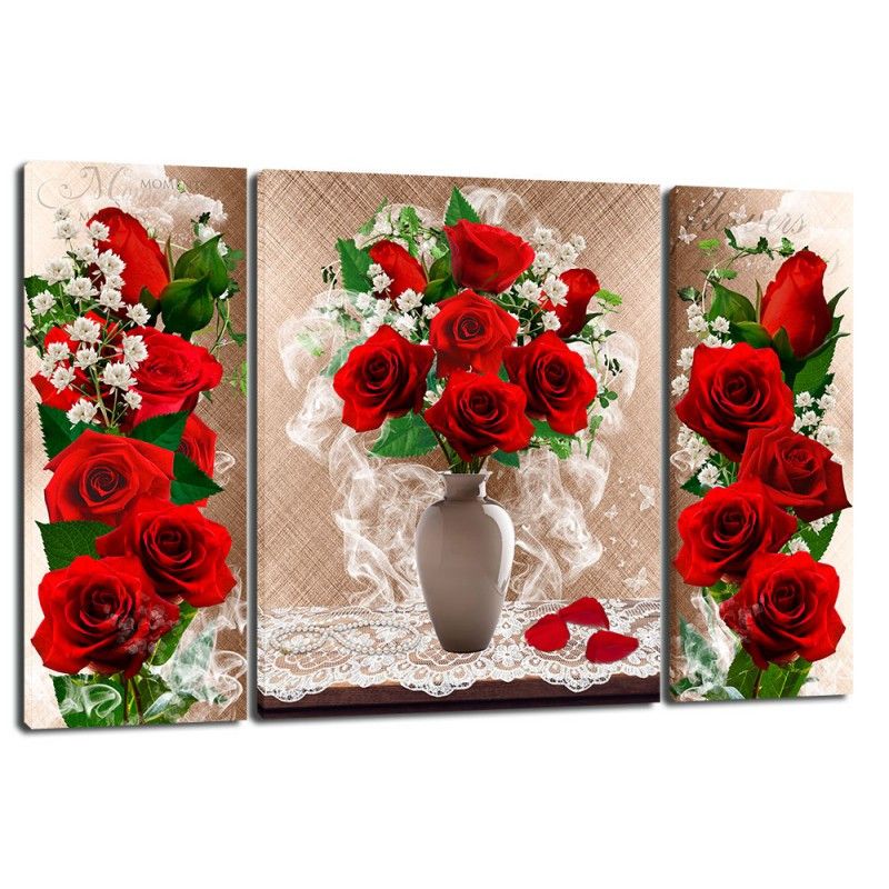 Картина триптих на холсте 3 части Красные розы в вазе 50 x 80 см (3888-TRP938)