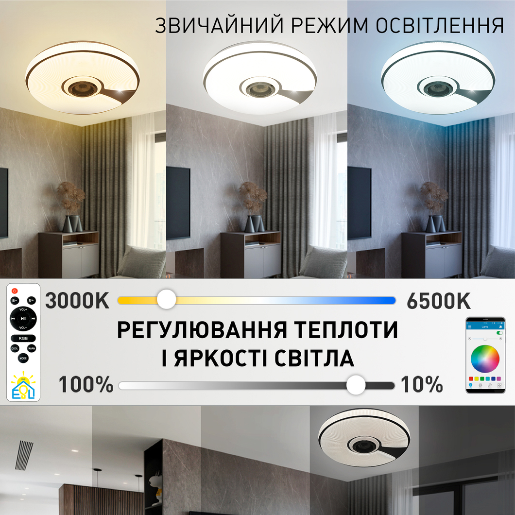 Смарт люстра музыкальная управляемая светодиодная SONG R RGB 60 Вт 380x70 мм Белая, матовий білий; хром