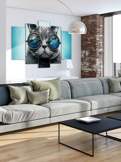 Модульна картина велика у вітальню / спальню для інтер'єру "Кіт в окулярах" 5 частин 80 x 140 см (MK50048)