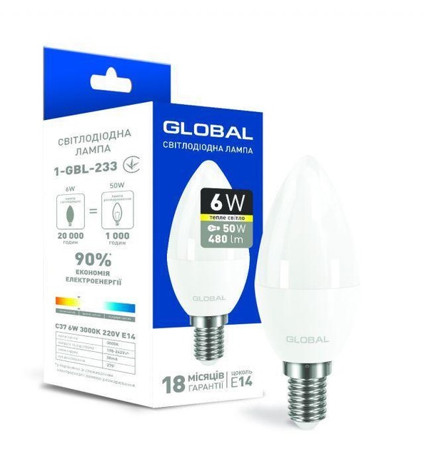 Лампа светодиодная GLOBAL LED, MAXUS, 6W Е14, яркий свет