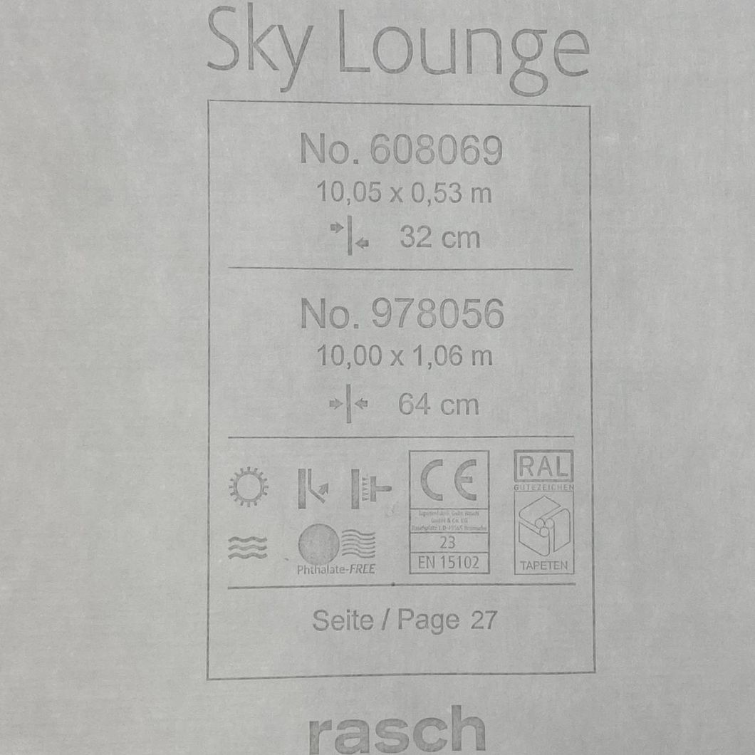 Шпалери вінілові на флізеліновій основі сірий Rasch Sky Lounge 1,06 х 10,05м (978056)