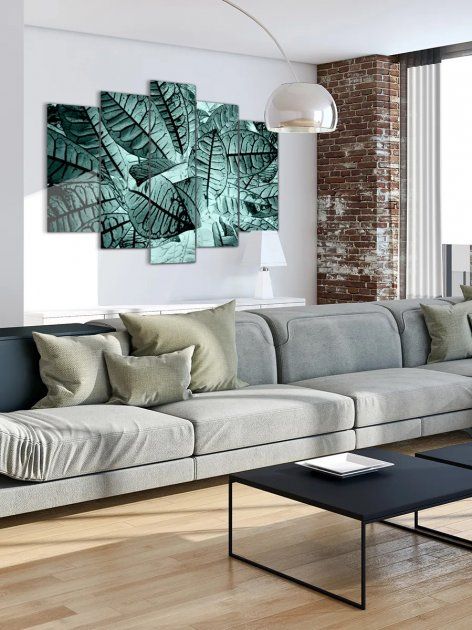 Модульная картина большая в гостиную/спальню для интерьера "Лазурные листья" 5 частей 80 x 140 см (MK50052)