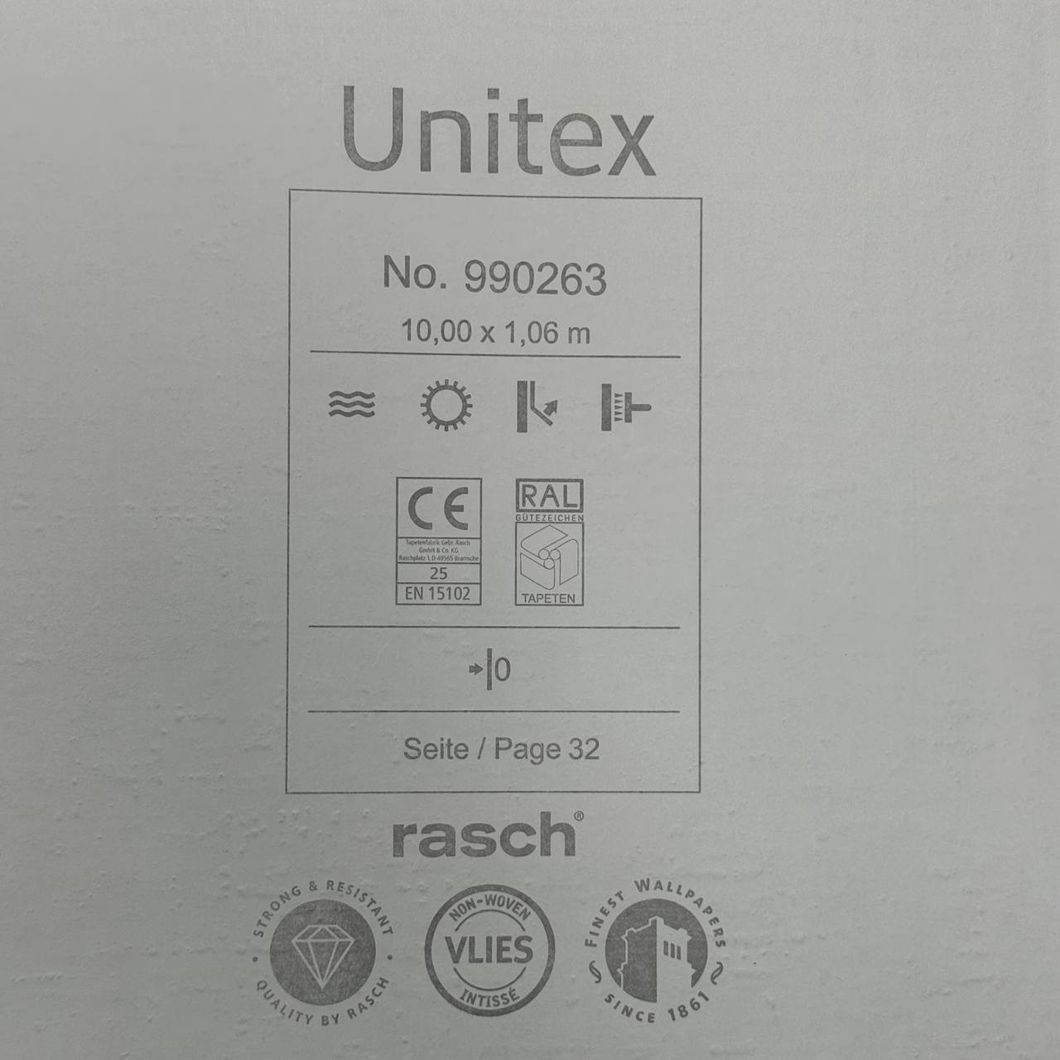 Обои виниловые на флизелиновой основе Rasch Unitex белые 1,06 х 10,05м (990263)