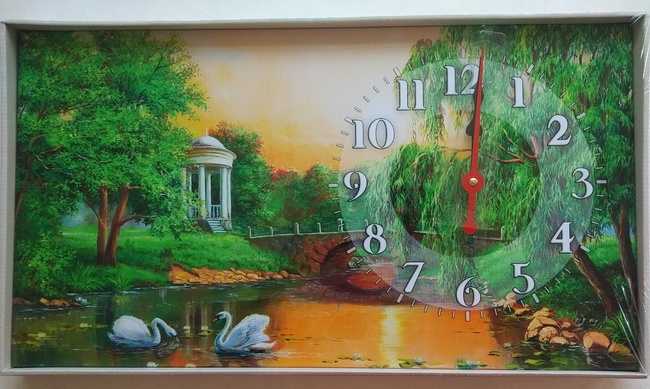 Годинник настінний на полотні без скла Озеро з лебедями 30 см х 53 см (3901 - К133)