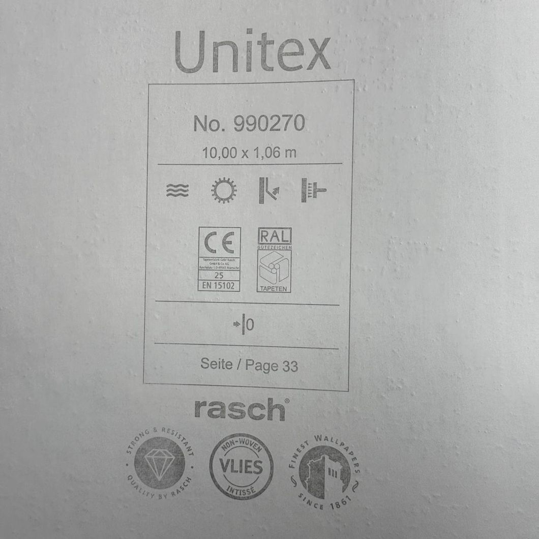 Обои виниловые на флизелиновой основе Rasch Unitex белые 1,06 х 10,05м (990270)