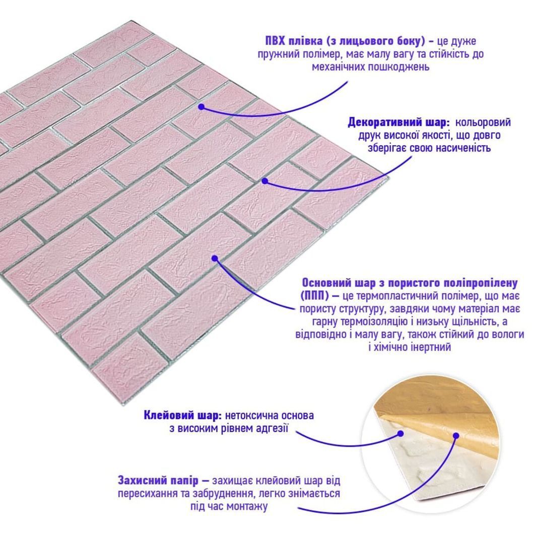 Панель стеновая 70*70cm*5mm розовий кирпич с серебром (D) SW-00001501, Розовый, Розовый