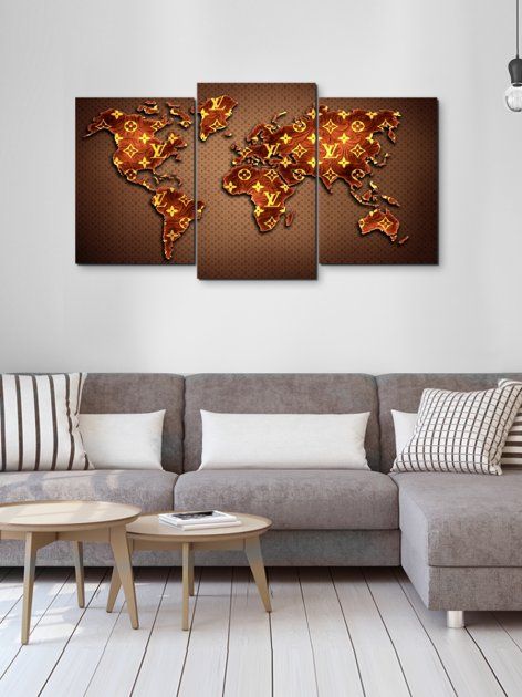 Модульная картина в гостиную/спальню для интерьера "Карта мира в коричневом цвете LV" 3 части 53 x 100 см (MK30237_E)