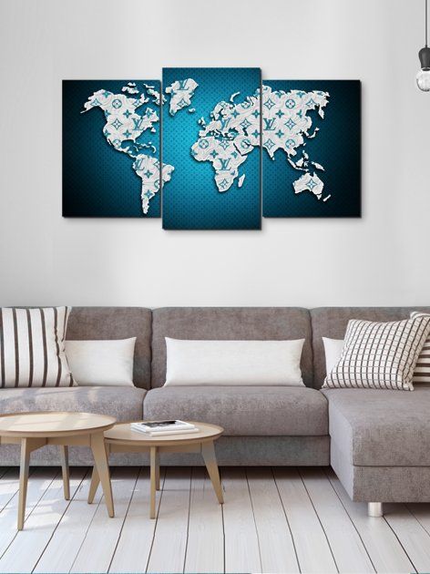 Модульная картина в гостиную/спальню для интерьера "Карта мира в голубых тонах LV" 3 части 53 x 100 см (MK30233_E)
