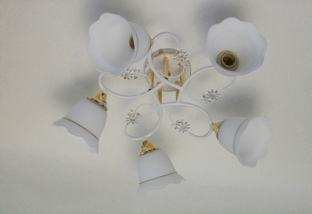 Люстра білі плафони квіти золота кайомка 5 ламп, Білий, Білий