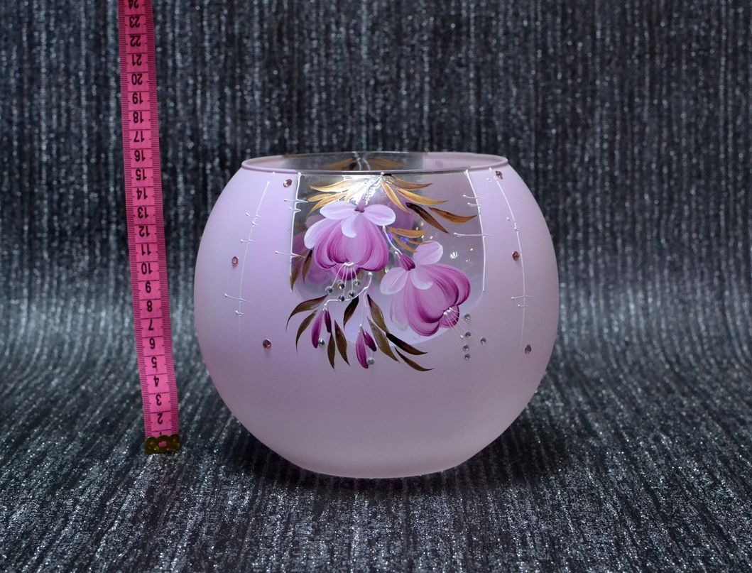 Ваза стекло розовая с цветочками 16см (208-2), Розовый, Розовый