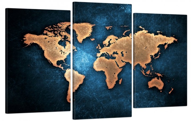 Модульна картина у вітальню / спальню для інтер'єру "Карта світу в блакитних тонах" 3 частини 53 x 100 см (MK30043_E)