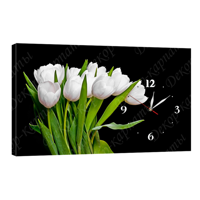 Годинник настінний на полотні без скла Білі тюльпани 30 см х 53 см (3905 - C246)