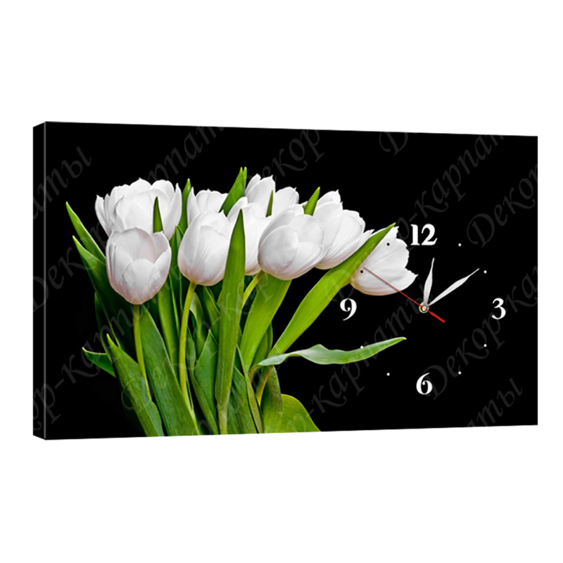 Годинник настінний на полотні без скла Білі тюльпани 30 см х 53 см (3905 - C246)