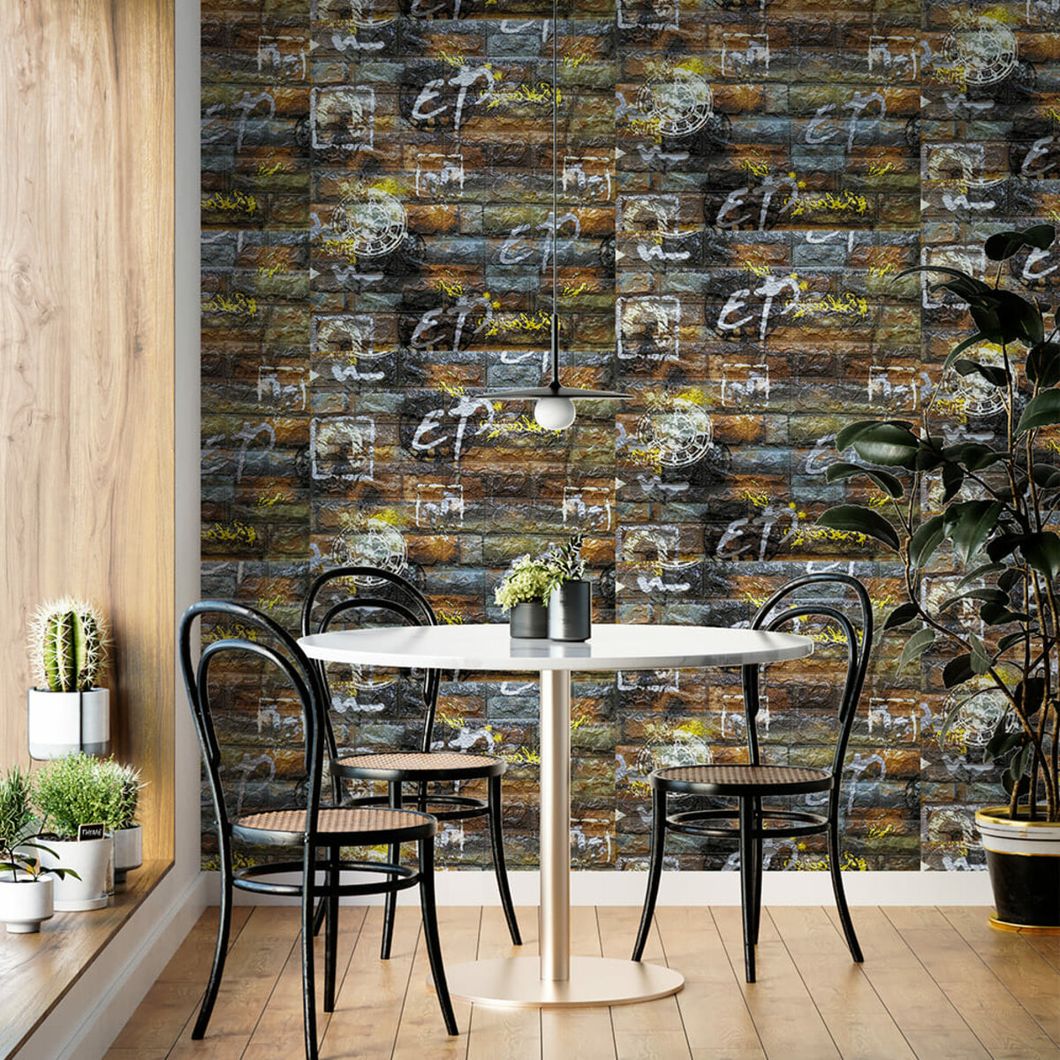 Панель стінова самоклеюча декоративна 3D під сіро-помаранчеву цеглу графіті 700х770х6мм (026), Серый, Сірий