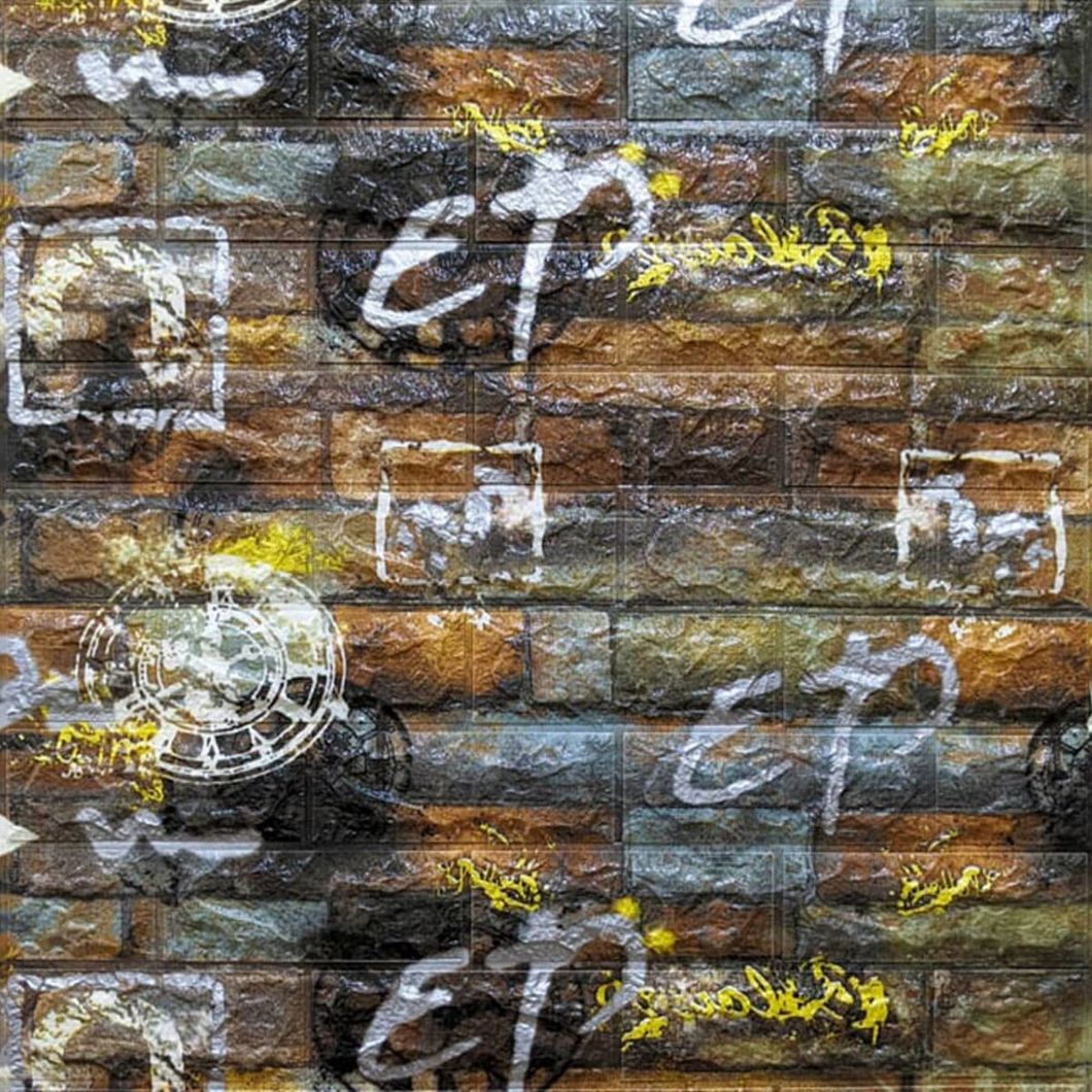 Панель стінова самоклеюча декоративна 3D під сіро-помаранчеву цеглу графіті 700х770х6мм (026), Серый, Сірий