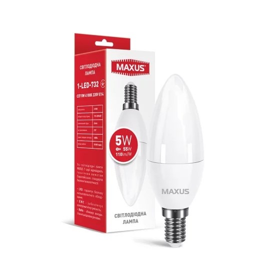 Лампа светодиодная LED MAXUS C37 5W 4100K 220V E14 (1-LED-732)