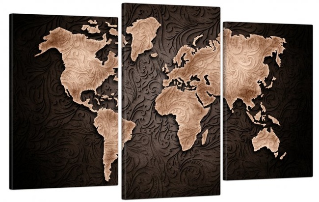 Модульна картина у вітальню/спальню для інтер'єру "Карта світу з коричневим візерунком"  3 частини 53 x 100 см (MK30231_E)