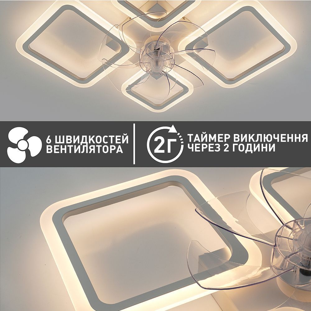 Смарт люстра з вентилятором керована світлодіодна FAN OVAL 70 Вт + 18 Вт 760x560x120 мм Бiла, Білий