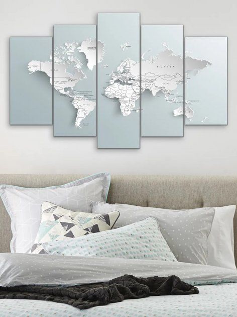 Модульна картина велика у вітальню/спальню для інтер'єру "Білосніжна карта світу" 5 частин 80 x 140 см (MK50089)