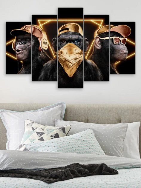Модульна картина на полотні "Три мудрі мавпи в золоті" 5 частин 80 x 140 см (MK50214)