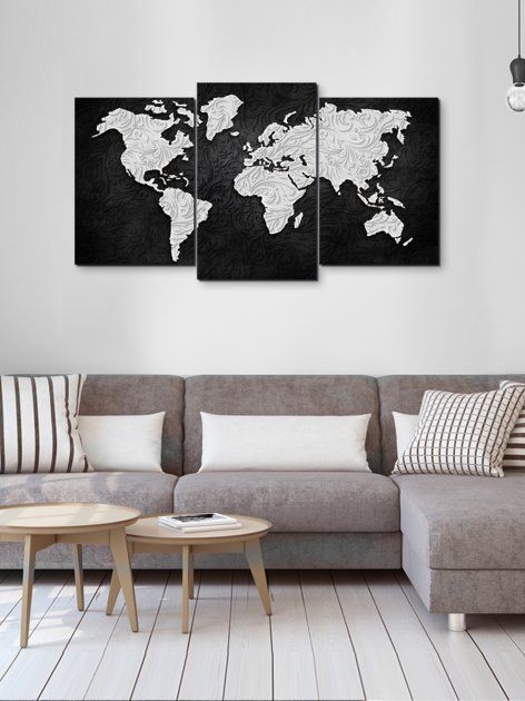 Модульная картина в гостиную/спальню для интерьера "Карта мира с черно-белым узором" 3 части 53 x 100 см (MK30238_E)