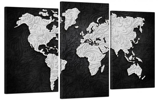Модульна картина у вітальню/спальню для інтер'єру "Карта світу чорний тонах LV" 3 частини 53 x 100 см (MK30232_E)
