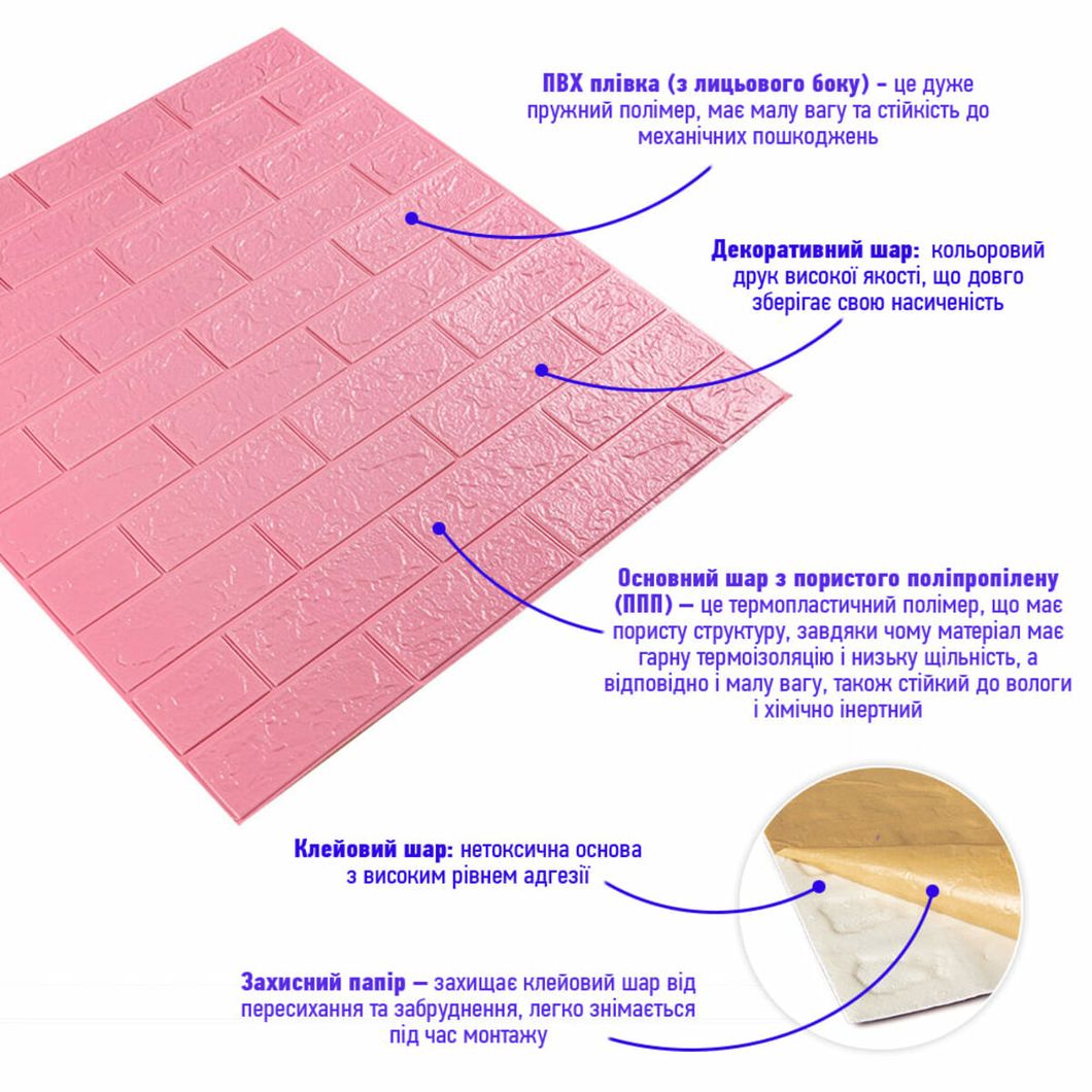 Панель стінова самоклеюча декоративна 3D під цеглу Рожевий 700х770х3мм (004-3), Рожевий, Рожевий