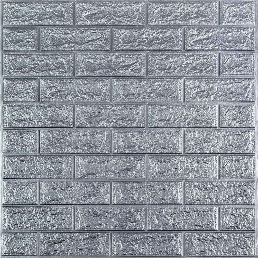 Панель стінова самоклеюча декоративна 3D під цеглу Срібло 700х770х3мм (017-3), Серый, Сірий