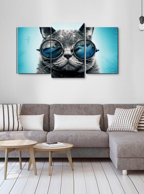 Модульна картина у вітальню/спальню для інтер'єру "Кіт в окулярах" 3 частини  53 x 100 см (MK30048_E)
