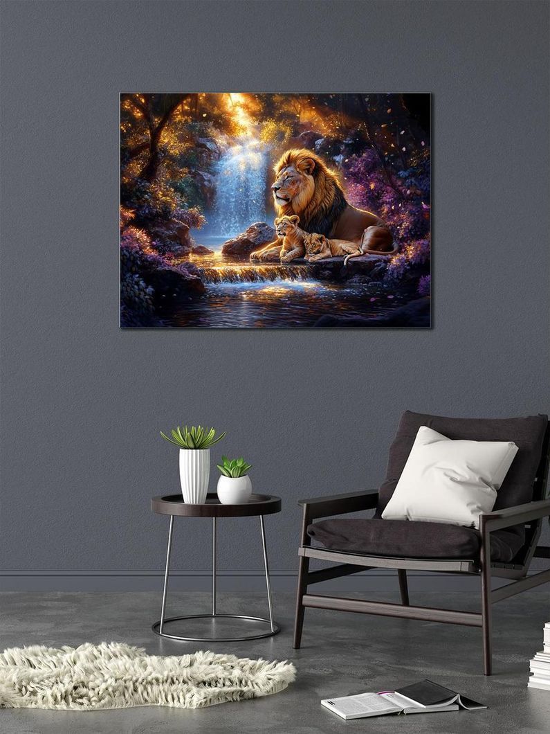 Картина на холсте МАKO " Семья львов на фоне водопада " 50x70 см MK10579_5070