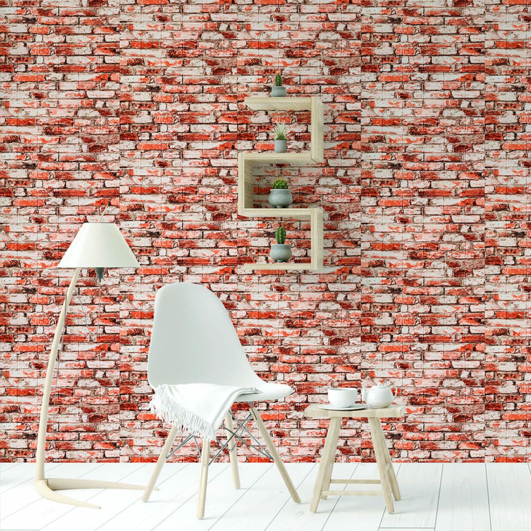 Панель стеновая самоклеющаяся декоративная 3D под кирпич Красно-Белая 700х770х4мм (341), Красный, Красный