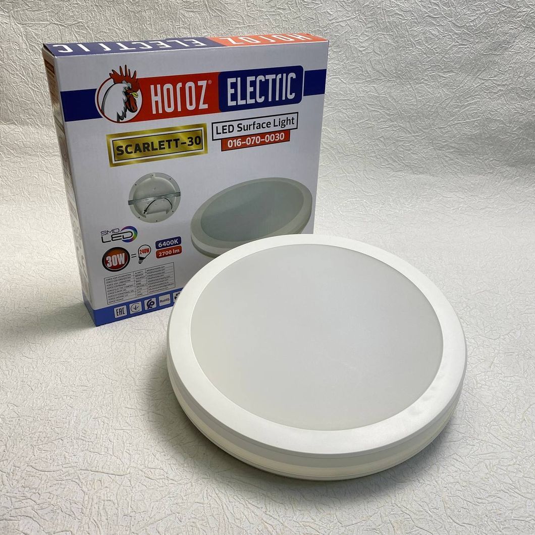 SCARLETT-30 016 070 0030 010 светильник накладной LED 30W  6400K 2700lm 170-265v d-300*h55mm IP65 белый накладной, Белый4, Белый