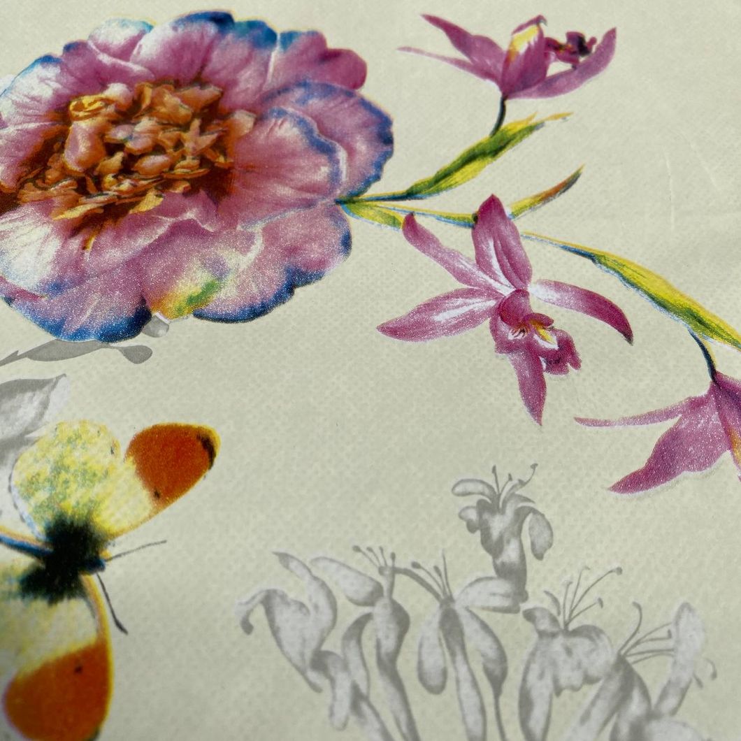 Клеенка на стол ПВХ на нетканой основе цветы с бабочками 1,37 х 1м (100-316), Бежевый, Бежевый