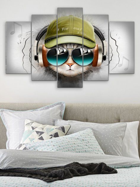 Модульна картина на стіну велика в дитячу / спальню для інтер'єру "Кіт у навушниках" 5 частин 80 x 140 см (MK50243)