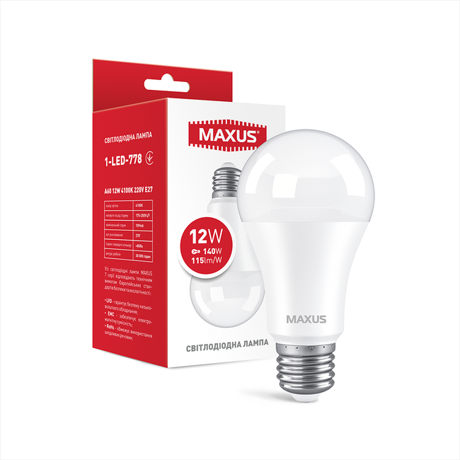 Світодіодна LED лампа MAXUS A60 12W 4100K 220V E27 (1-LED-778)