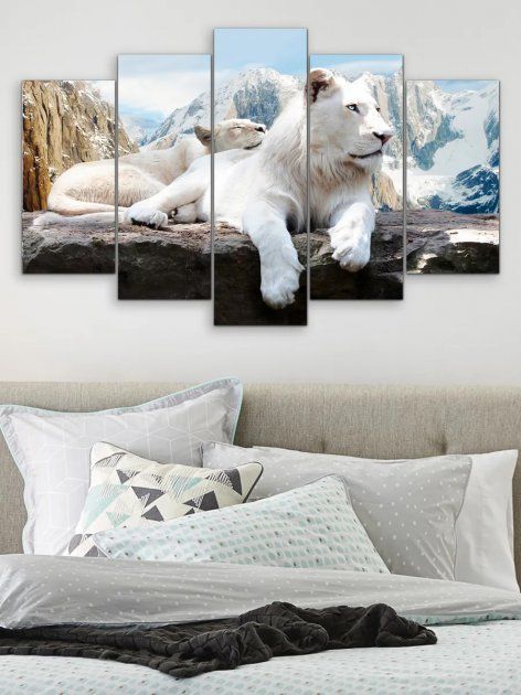 Модульная картина на стену большая для интерьера "Белый лев в горах" 5 частей 80 x 140 см (MK50197)