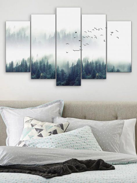Модульная картина в гостиную/спальню "Птицы над туманным лесом" 5 частей 80 x 140 см (MK50075)