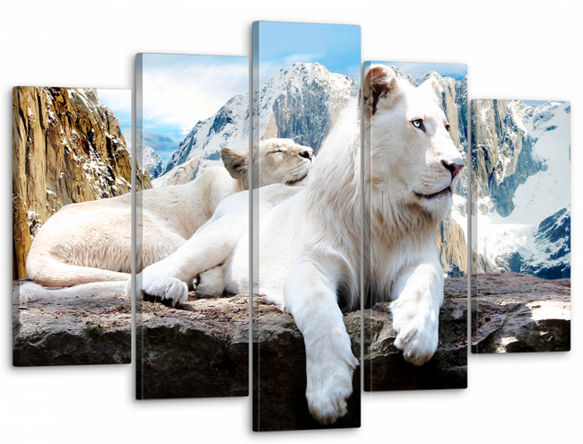 Модульная картина на стену большая для интерьера "Белый лев в горах" 5 частей 80 x 140 см (MK50197)