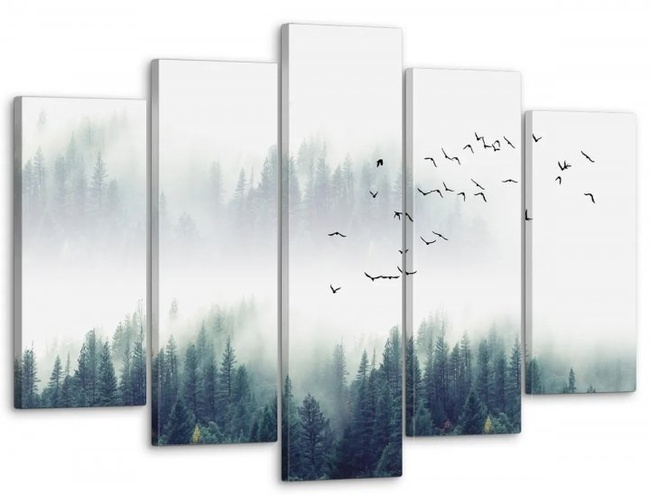 Модульная картина в гостиную/спальню "Птицы над туманным лесом" 5 частей 80 x 140 см (MK50075)