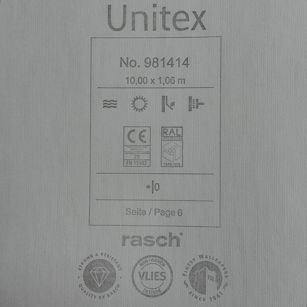 Обои виниловые на флизелиновой основе Rasch Unitex белые 1,06 х 10,05м (981414)