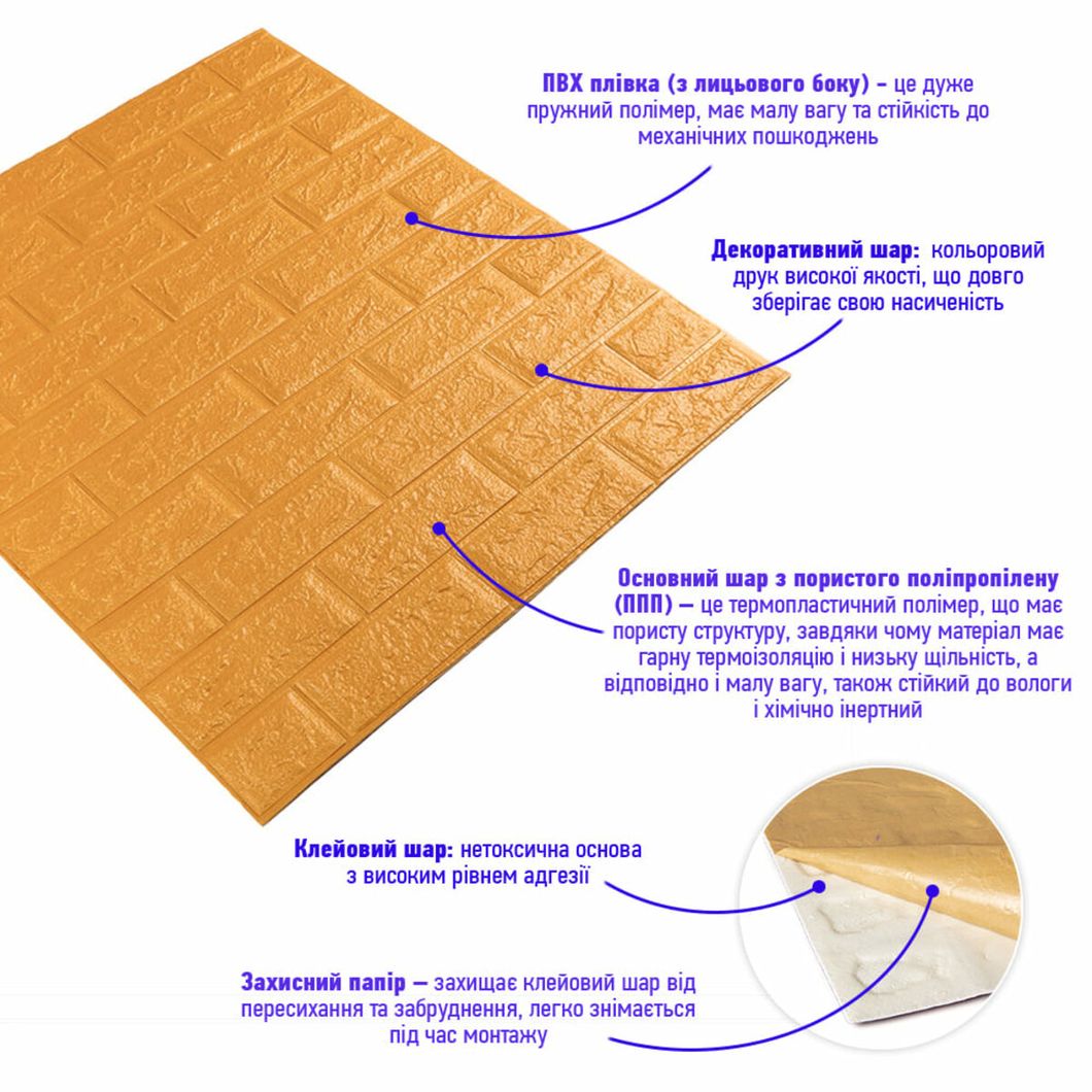 Панель стінова самоклеюча декоративна 3D Цегла Золотистий 700х770х5мм (011-5), Золотистый, Золотистий