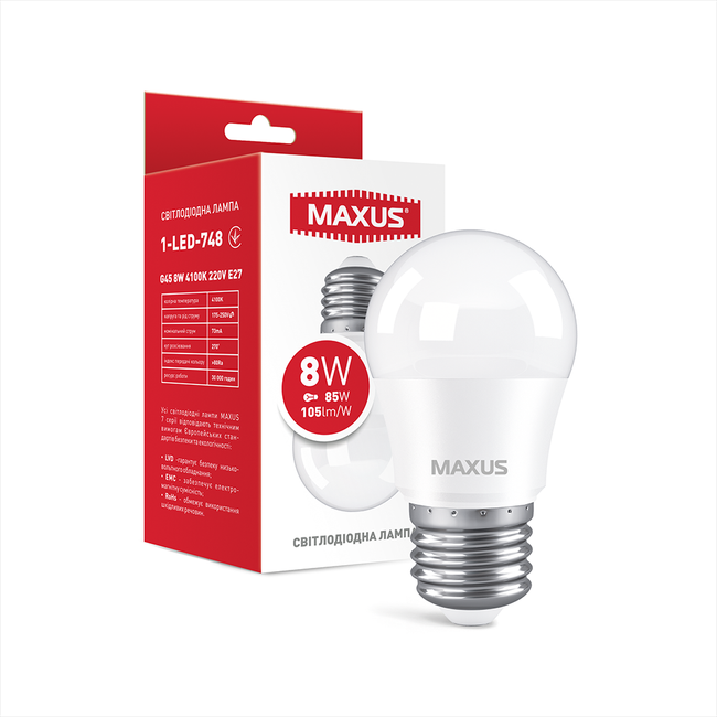 Світодіодна MAXUS G45 8W 4100K 220V E27 1-LED-748