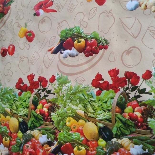Клеенка на стол ПВХ на нетканной основе квадрат Овощи бежевый 1,37 х 1м (100-127), Бежевый, Бежевый