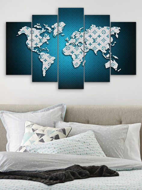 Модульна картина на стіну у вітальню/спальню "Карта світу в блакитних тонах LV" 5 частин 80 x 140 см (MK502330)