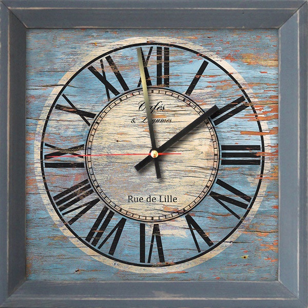 Годинник-картина без скла з дерев'яною рамкою зістарене блакитне дерево 28 см х 28 см (3919 - F31)