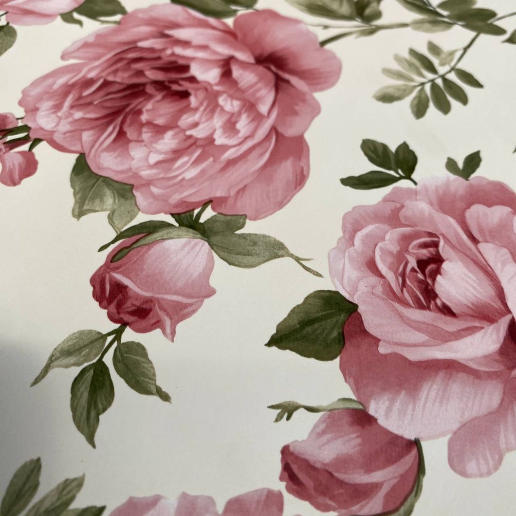 Клейонка на стіл ПВХ на основі рожеві квіти на бежевому фоні 1,4 х 1м (100-319), Бежевий, Бежевий