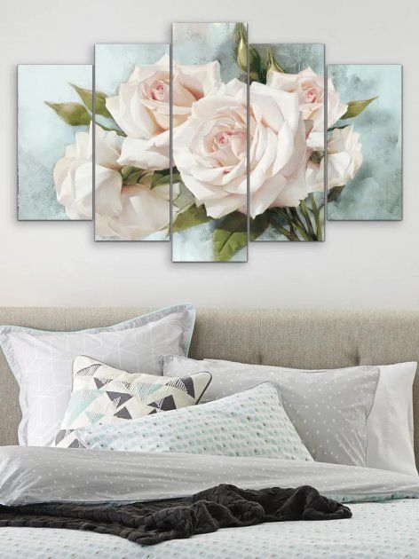 Модульна картина велика у вітальню/спальню "Білі троянди" 5 частин 80 x 140 см (MK50181)