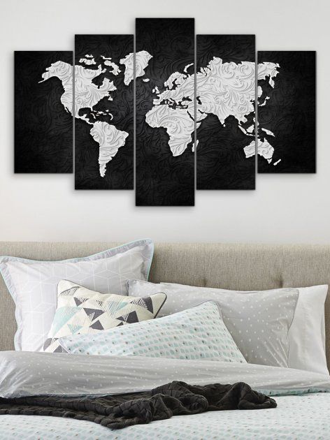 Модульна картина на стіну у вітальню/спальню "Карта світу з чорно-білим візерунком" 5 частин 80 x 140см (MK50238)