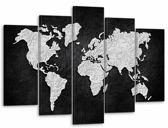 Модульная картина на стену в гостиную/спальню "Карта мира с черно-белым узором" 5 частей 80 x 140см (MK50238)