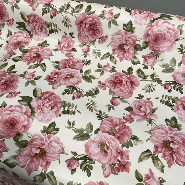 Клейонка на стіл ПВХ на основі рожеві квіти на бежевому фоні 1,4 х 1м (100-319), Бежевий, Бежевий